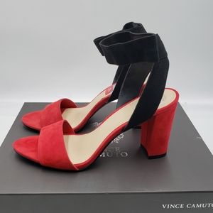 Vince Camuto Citriana Womens 8.5 Suede Heeled Sandals Red Black Ankle  Strap